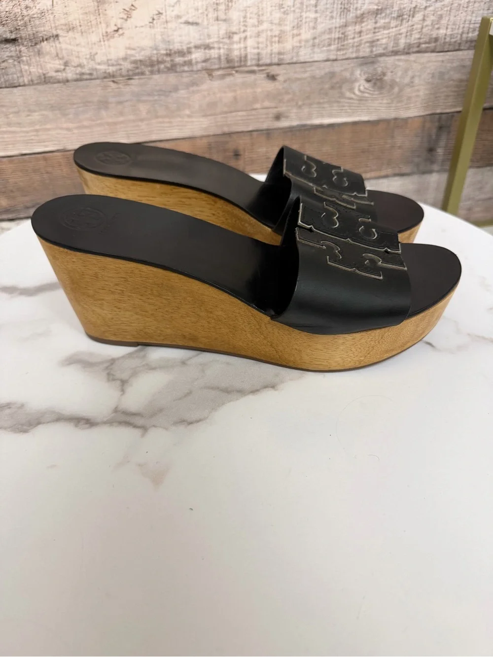 Tory Burch Black Leather Wooden Wedge Sandals